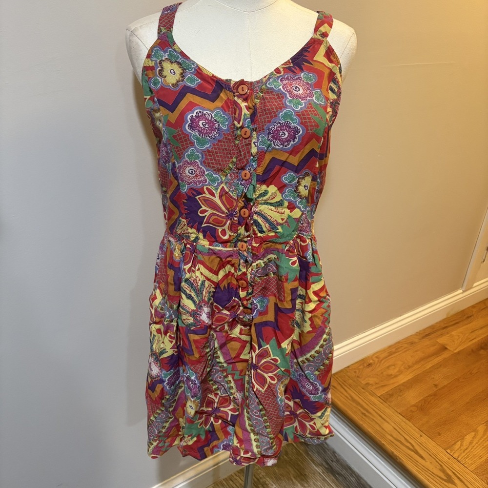 Vintage 1980s Geometric Romper Button Down Sleeveless Sz M Retro Beach